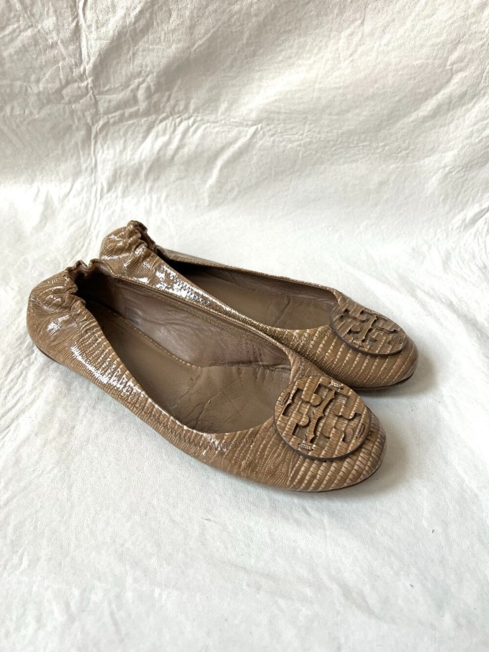 Tory Burch ballet flats womens 9 tan brown leather lizard print slip on shoes